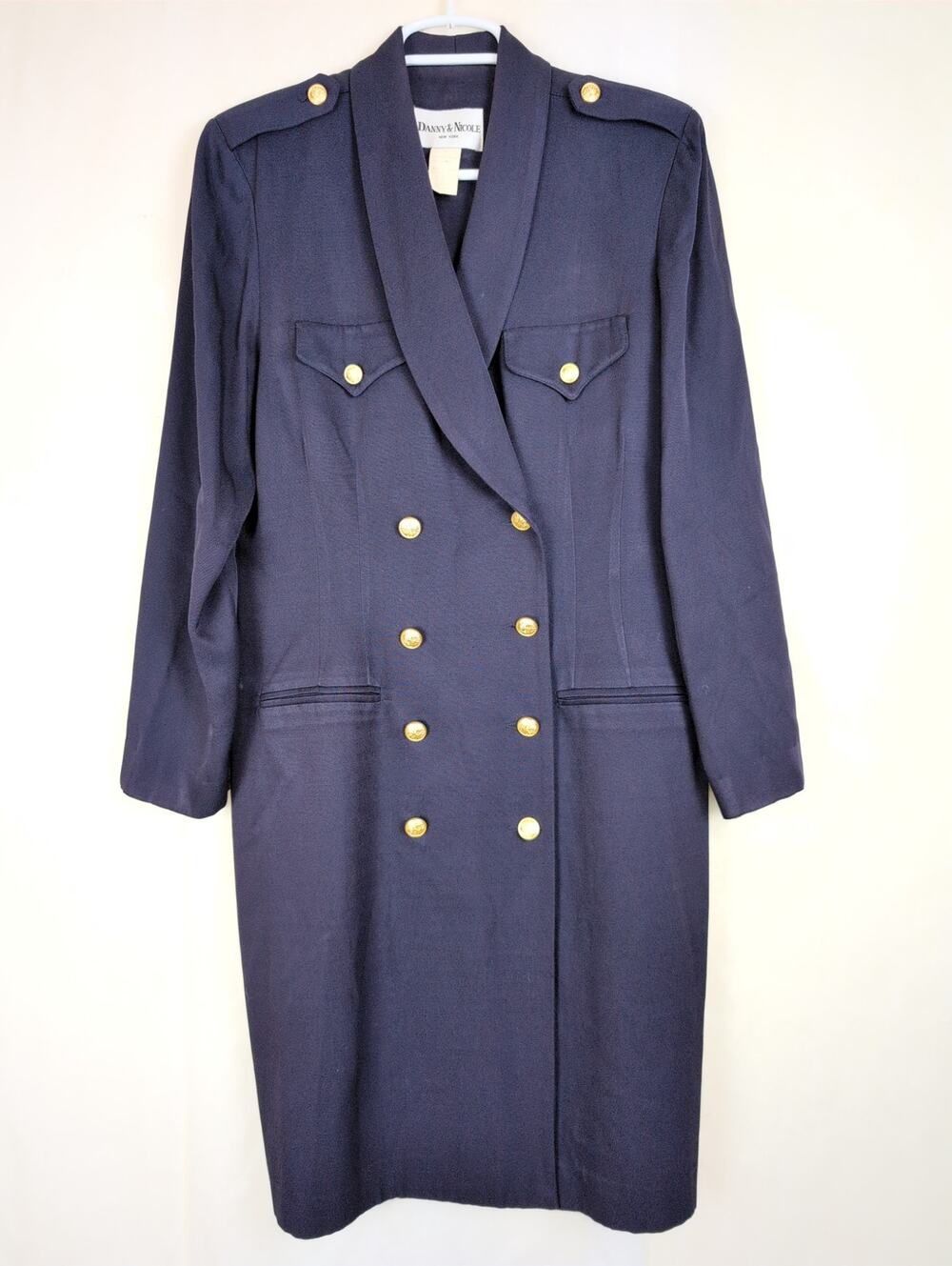 Vintage Danny & Nicole navy blue gold button double breasted coat dress Size 10P